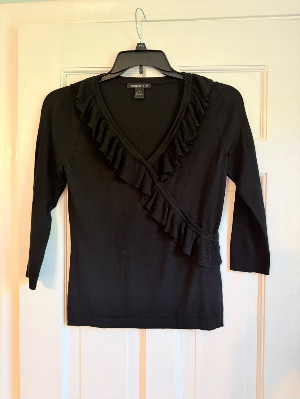 august silk Black Ruffle-Trim Wrap-Style Long Sleeve Top